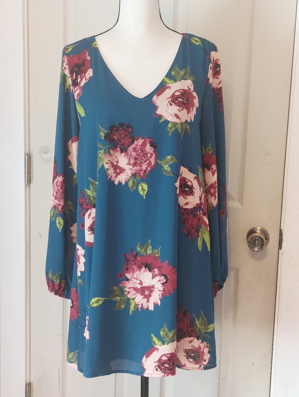 ALTAR'D STATE Rose Floral Teal Blue Long Sleeve Trapeze Shift Dress Size Medium